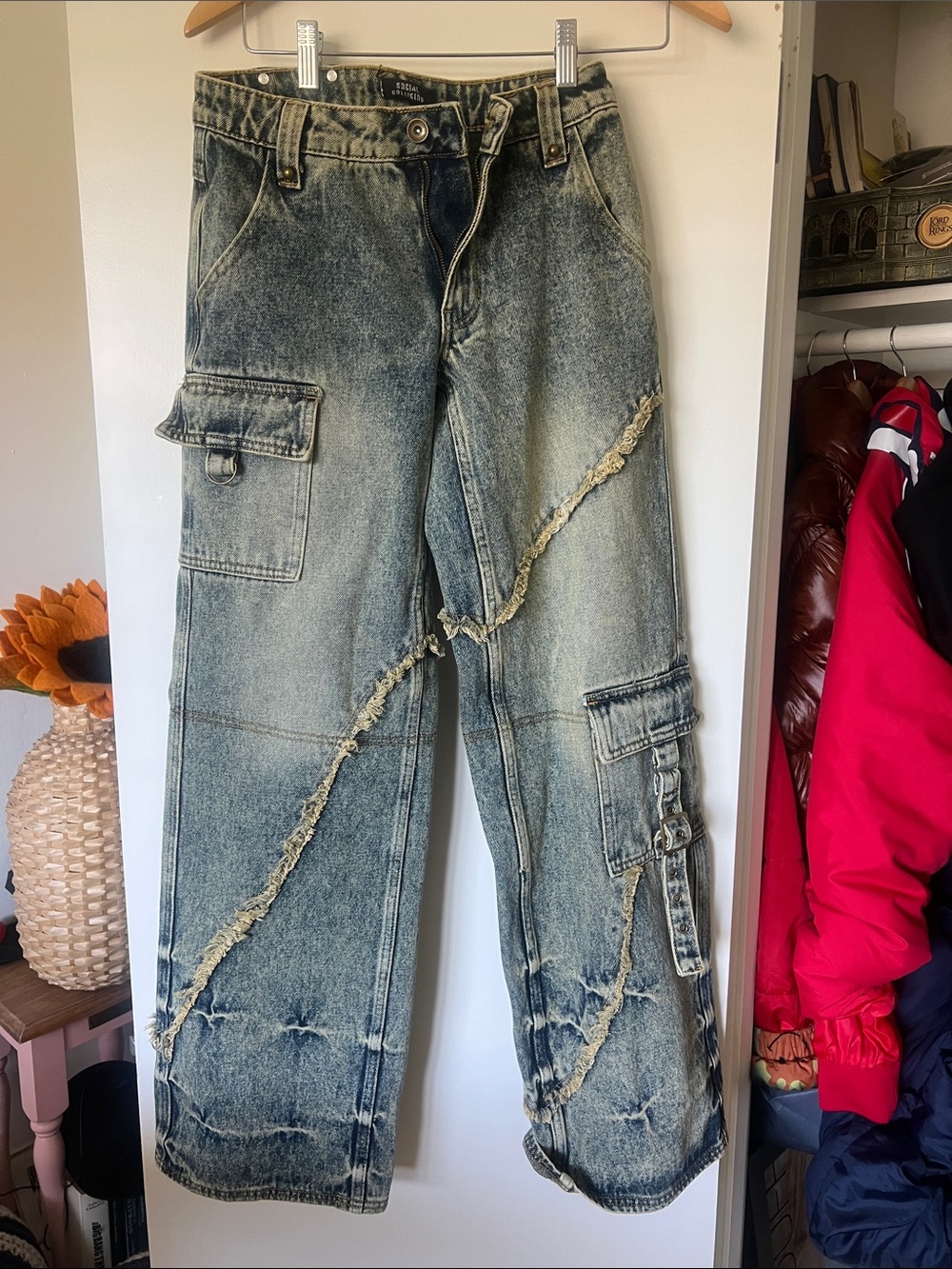 Women’s Distressed Wide Leg Cargo Jeans - Washed Blue never worn